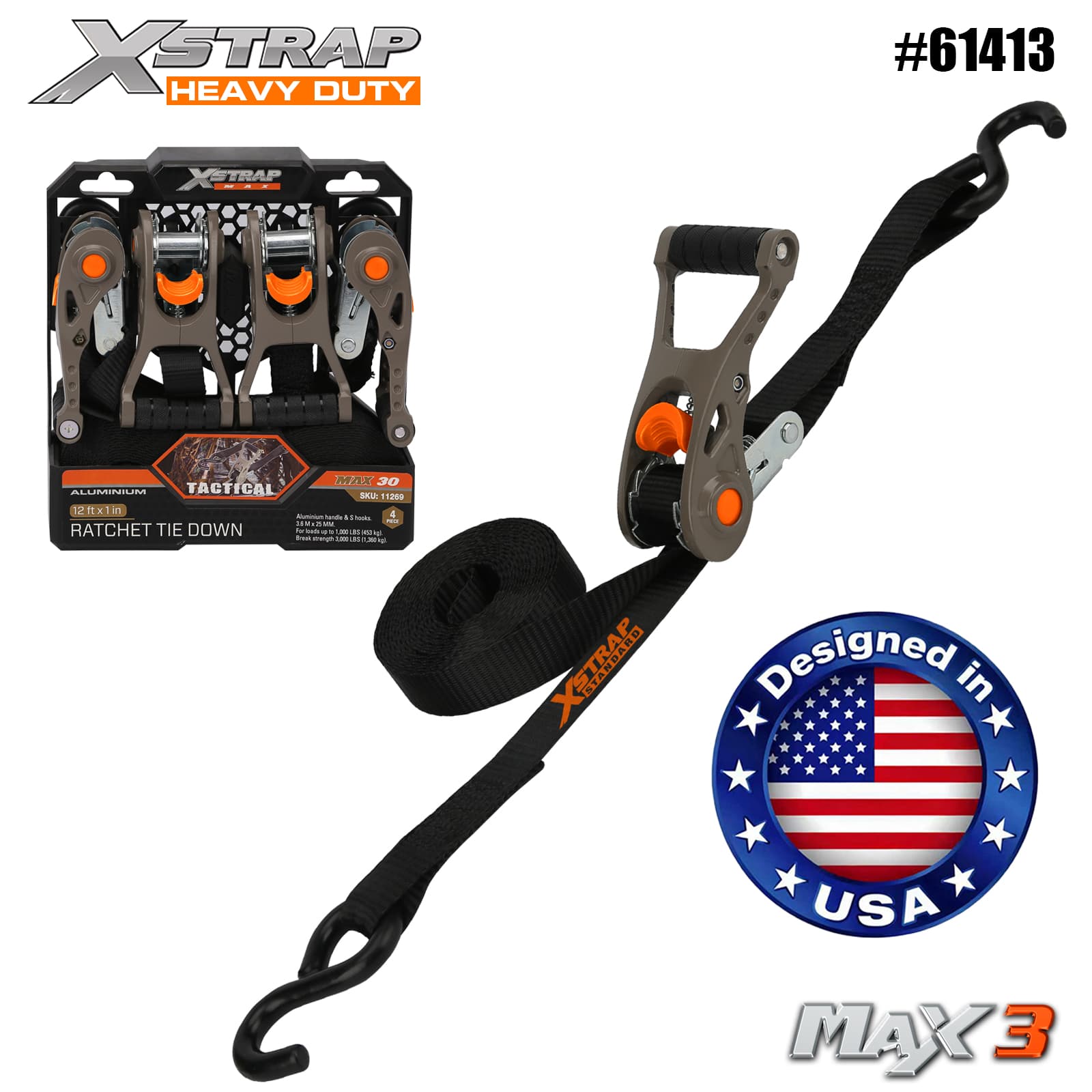 Xstrap 61413 1” x 14’ 4PK Tactische ratelbinder met zachte lus 1000lb SWL