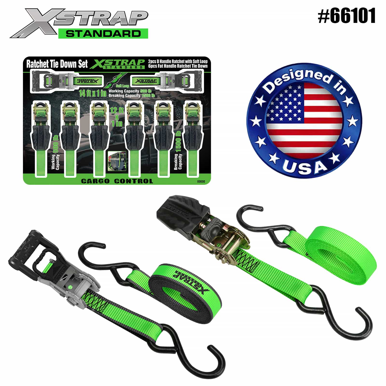 Xstrap 66101 1” x 14’ 2PK D-handgreepratel met zachte lus 500lb SWL en 1” x 12’ 6PK ratelbinder met plat handvat 500lb SWL