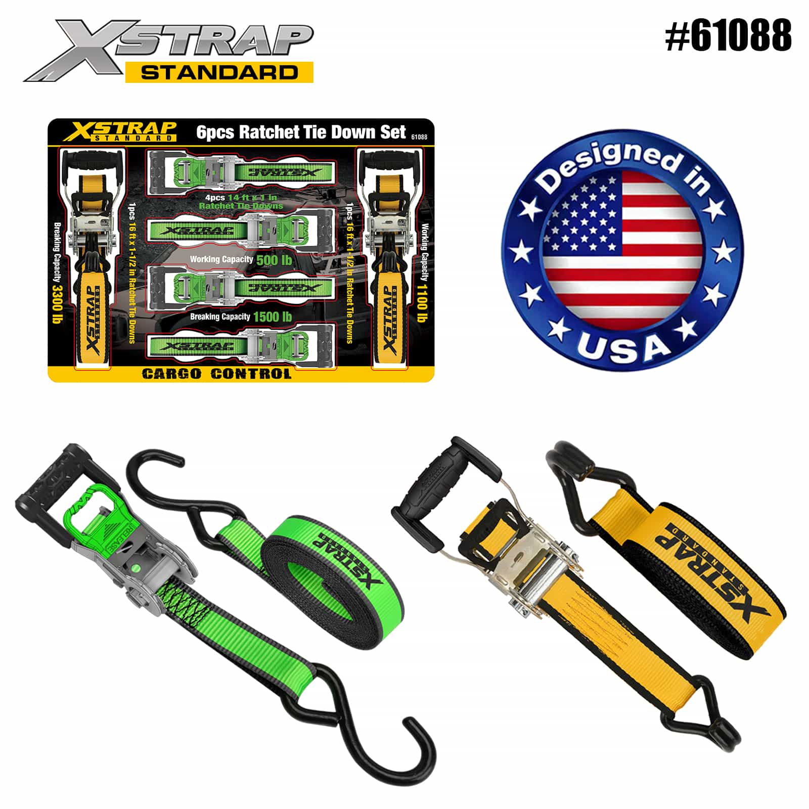 Xstrap 61088 1” x 14’ 4PK Ratel met D-handvat en zachte lus 500lb SWL en 1” x 16’ 2PK Ratel met extra brede handgreep Vastbinder 1100lb SWL