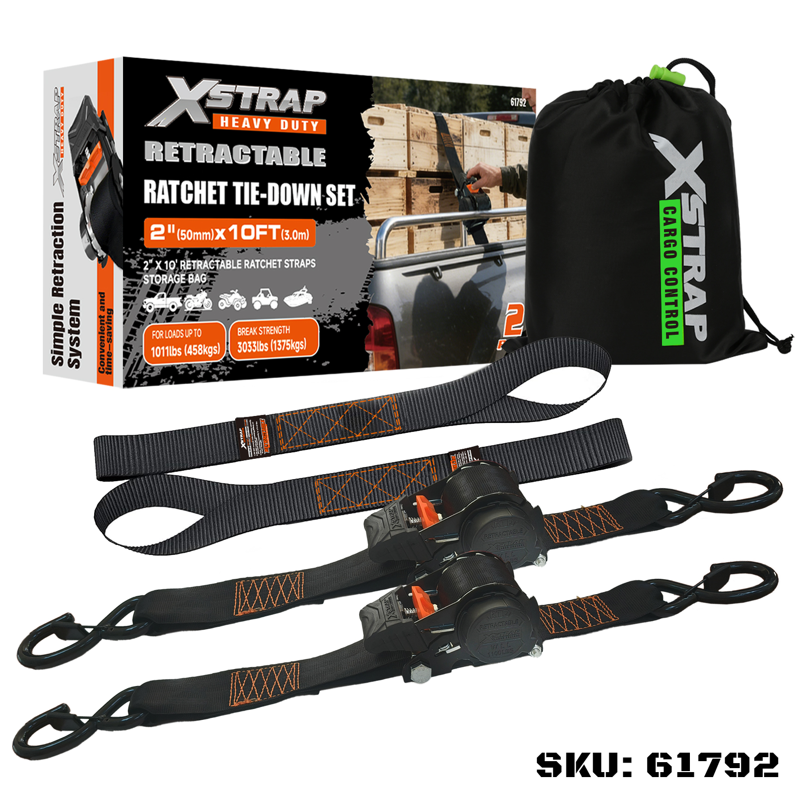 Xstrap 61792 2PK 2” x 10’ intrekbare ratelvastzetset met veiligheids-S-haken 1011lb SWL