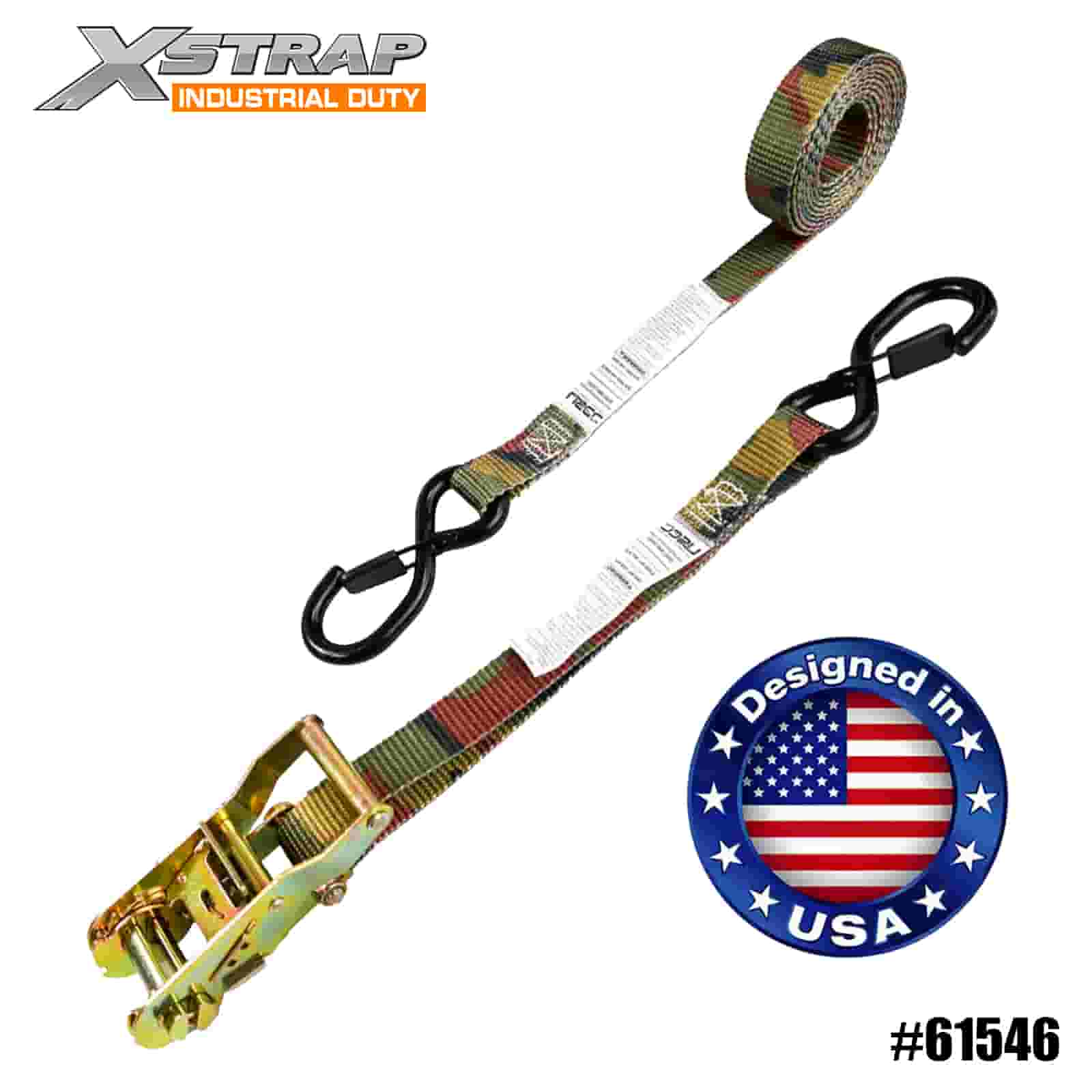 Xstrap 61546 1” x 8’ Camo Boomstandaard Ratelband met vinyl gecoate veiligheids-S-haken 666lb SWL